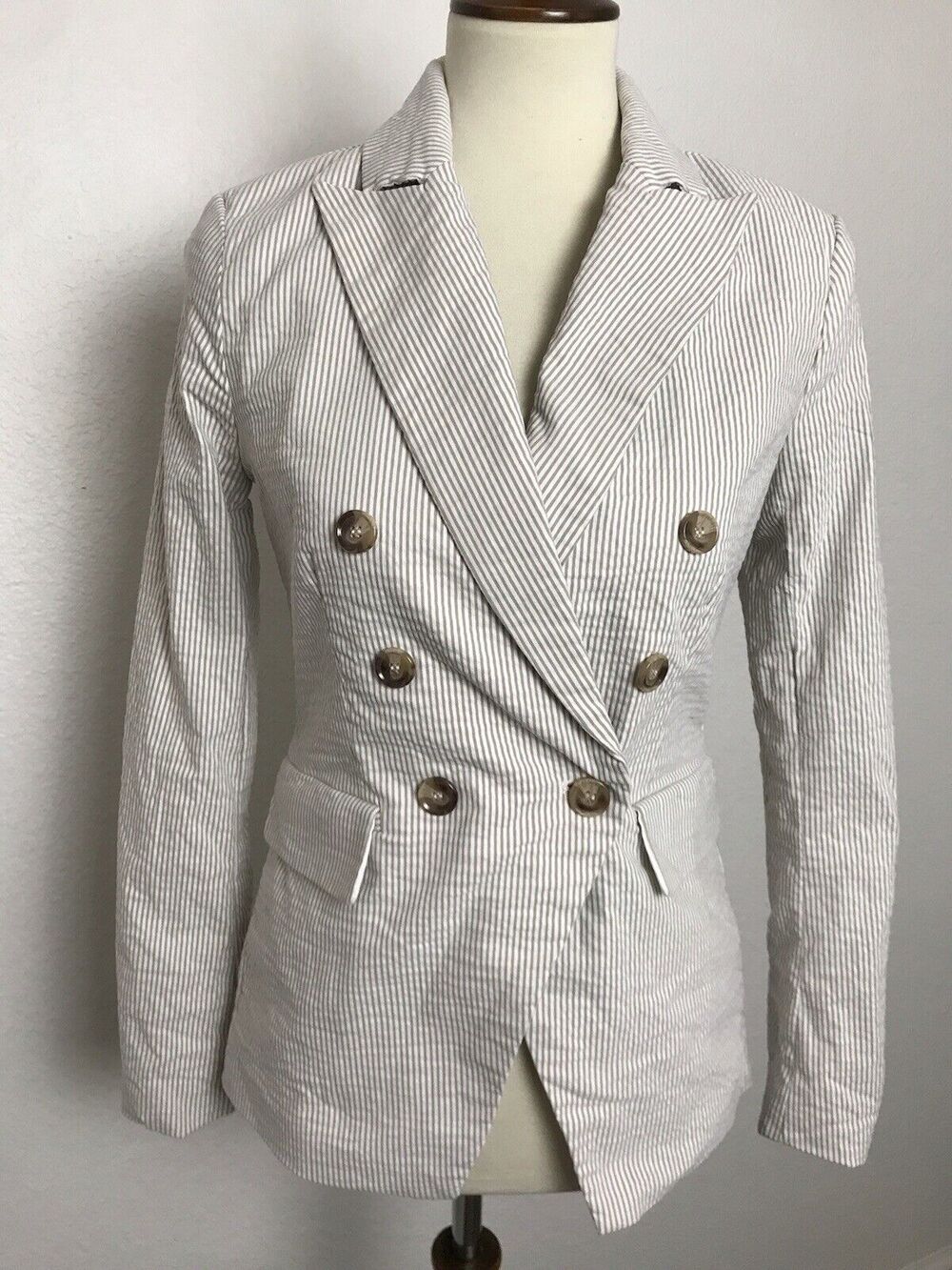 Joie Double Breast Blazer Striped Seersucker Coastal Nautical Quiet Luxury
